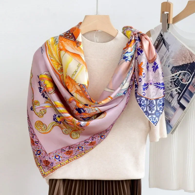 

High-end Elegant Women Exquisite "Silk Road" Printed Quality Plain Satin Silk Hand-rolled Edge Large Square Scarf Shawl