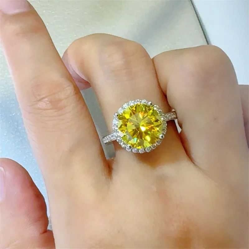 Anel de moissanite redondo amarelo 5 quilates, moda elegante temperamento colorido diamante conjunto de luxo moissanite joias de haste feminina