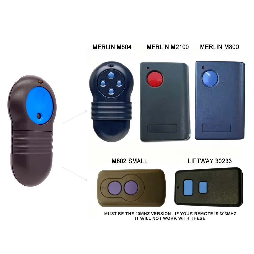 Merlin M802 40.685MHz Garage Door Remote 12Dip Switch Opener for M-802 SMALL M804 M2100 M800 LIFTWAY 30233 Gate Command Keychain