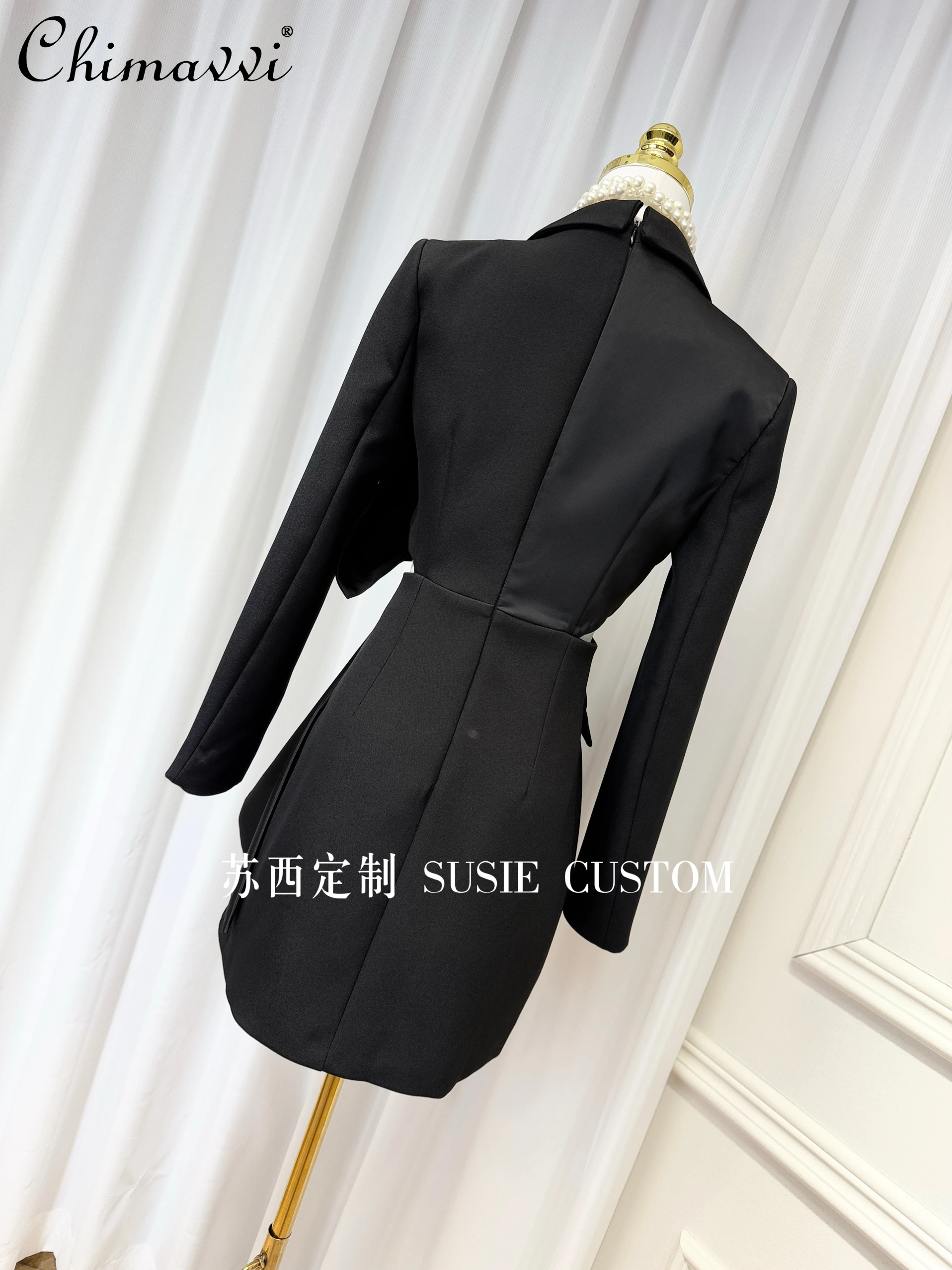 High-end Fashion Satin Bow Splicing V-neck Hollow Waist Ruffle Edge Dress Spring New Commuter Slim-fit Elegant Suit Dresses