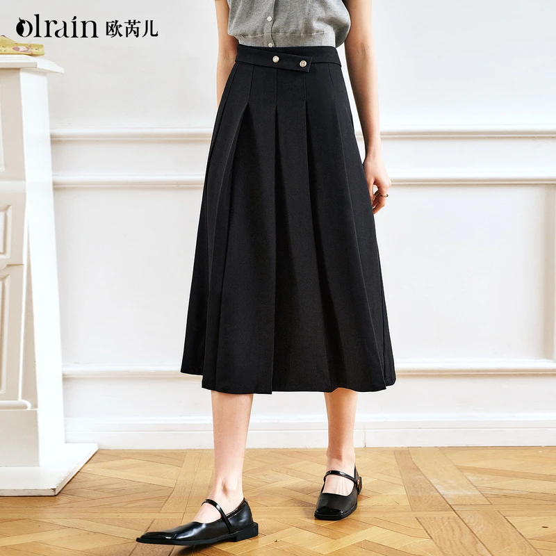 OLrain faldas plisadas negras para mujer 2025 otoño estilo Hepburn A-line Simple cintura alta botón señoras Midi falda N57CB96336