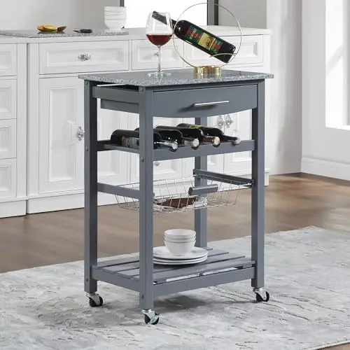 Mobile Rolling Kitchen Island Trolley Serving Cart with Underneath Drawer & Slide-Out Wire Storage Basket