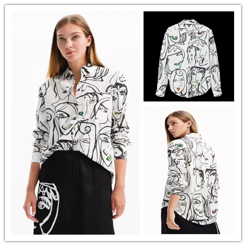 Foreign trade original single Spanish fashion new cotton hand-painted printed long sleeve shirt for women