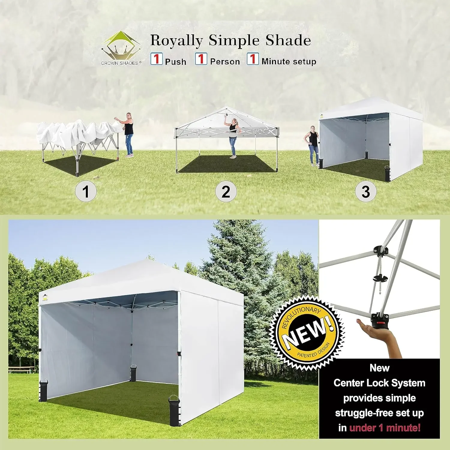 Instant Canopy Tent, 10x10 Foot Portable Pop Up Outdoor Shelter w/ Wheels & 4 Sidewalls, Push Center Lock & Carry Bag, White