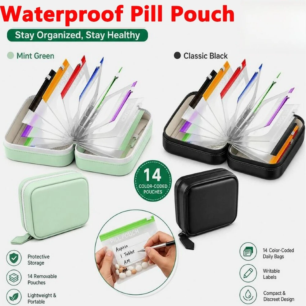 Waterproof Pill Pouch Set – 14 Color-coded Pouches, Writable Labels – for Daily Medication, Vitamins & Supplements