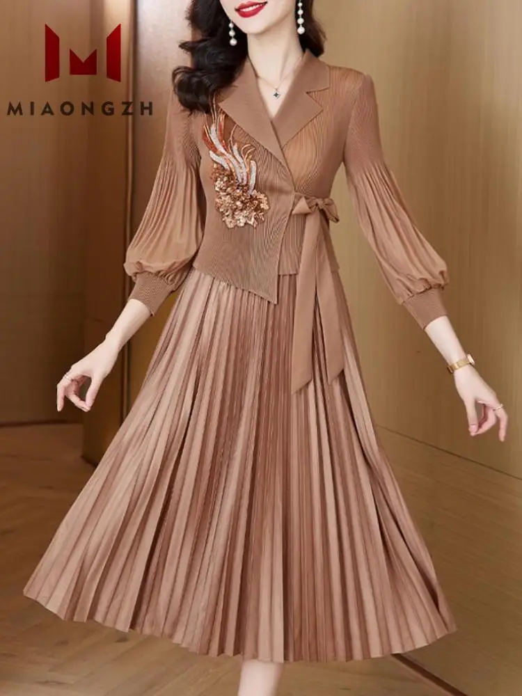 

2024 New Vintage Pleated Dresses For Women V Neck Lantern Sleeve Patchwork Diamonds High Waist Elegant Office Party Dresses Chic