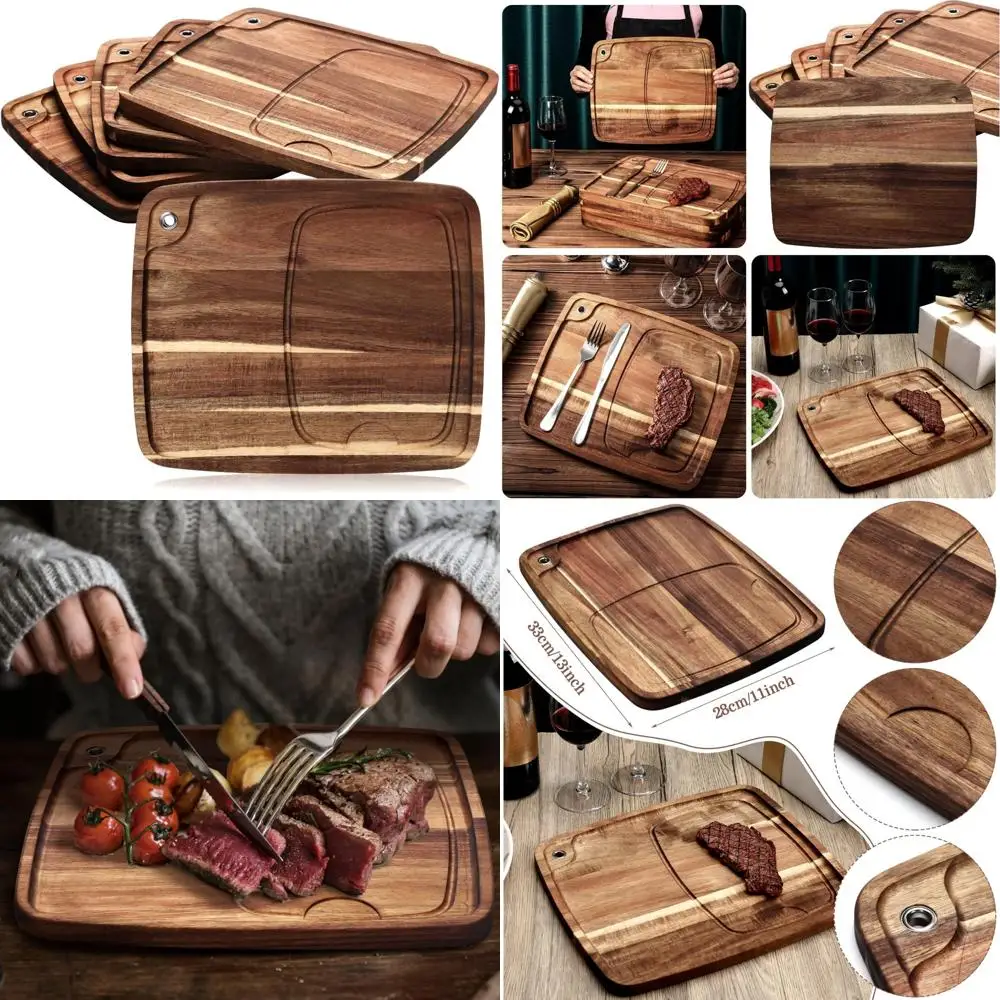 

Acacia Wooden Steak Board Set with 6 Plates and Juice Groove for Home Meat Serving and Dining Experience