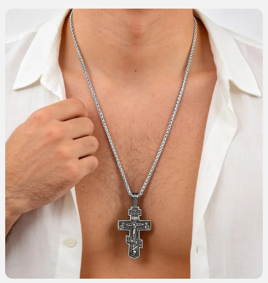 Vnox Herren Orthodoxe Kreuz-Halskette Edelstahl Russisches Jesus-Kruzifix-Anhänger Religiöses Amulett Kette Schmuck Geschenk für Ihn – Detail 2