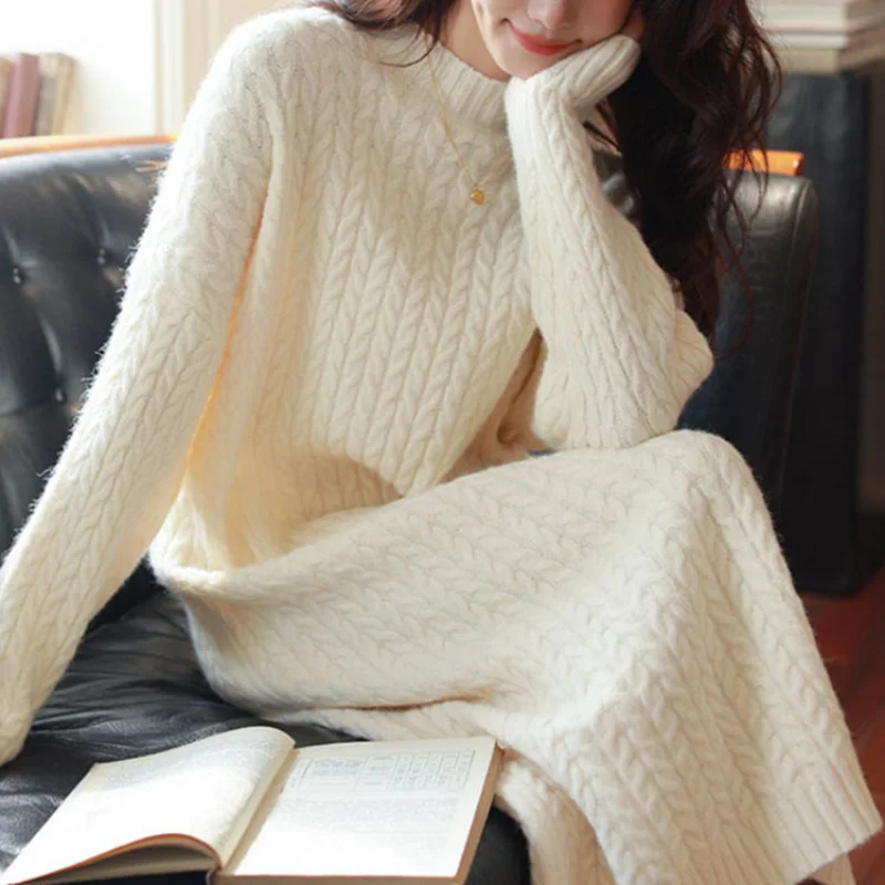 

Autumn and Winter 2023 Japanese Style New round Neck Mid-Length Twist Woolen Skirt Simple and Thin All-Match Knitted Dress Women