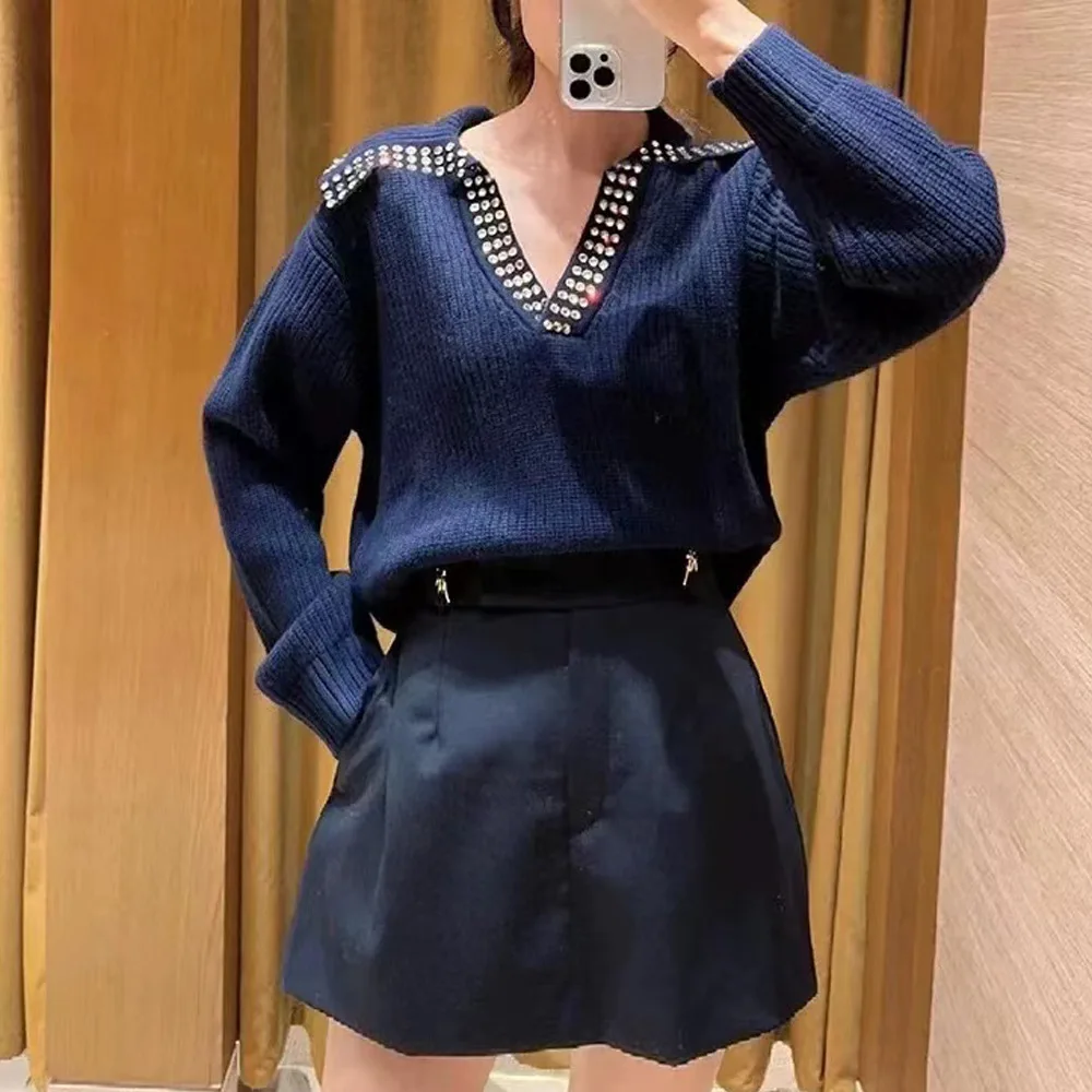 

Ele женский вязаный шерстяной свитер с воротником темно-синего цвета, украшенный стразами, осень Faion, начало 2024, китайское производство, обычный...