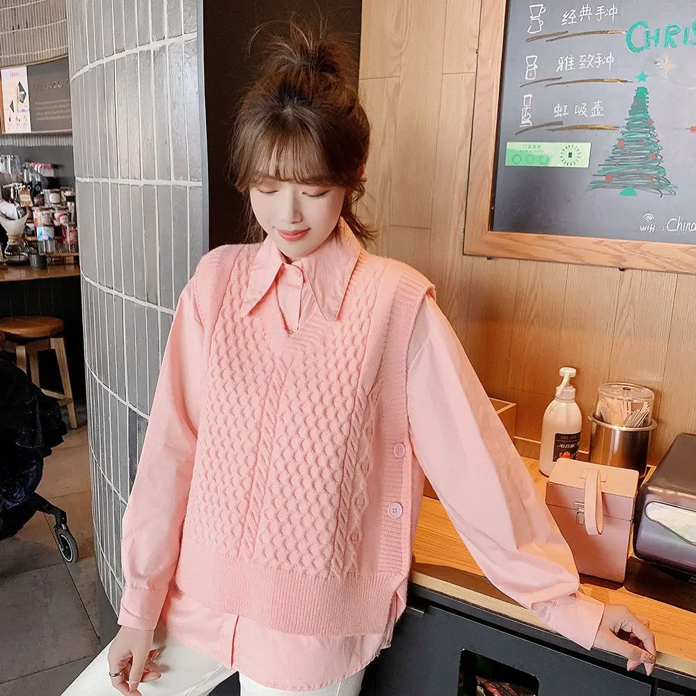 

Office Lady Two Pieces Set Knitted Vest Spliced Leisure Shirt Spring Autumn Turn-down Collar Button + Pullover Ladies R219