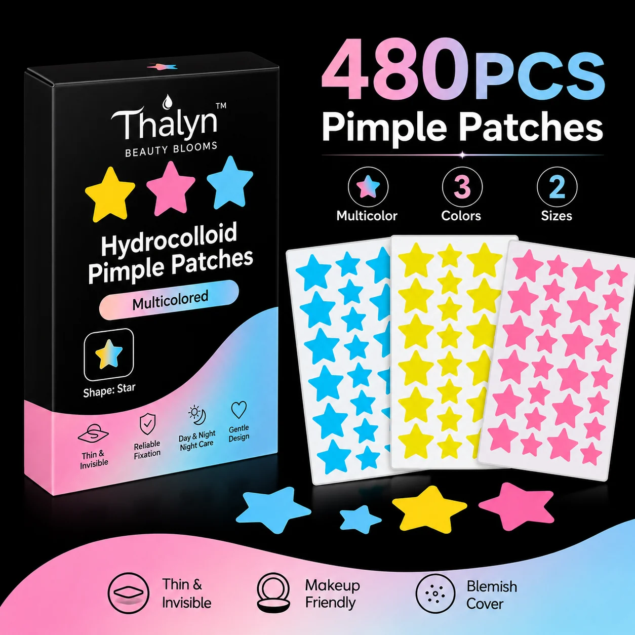 480PCS Colorful Star Pimple Patches Yellow Blue Pink Acne Patch Invisible Makeup Skin Cover Sticker Cute Beauty Patch