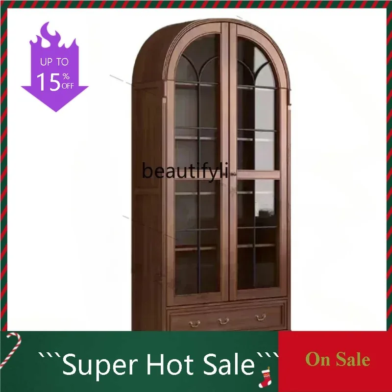 

P62 merican Light Luxury Solid Wood Bookcase Living Room Art with Changhong Glass Door Retro Arched Cabinet