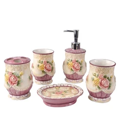 Pink Rose Ceramic Toothbrush Holder, Soap Dish, Bathroom Accessories Set Kit, Bathroom Organizer, Wedding Gifts