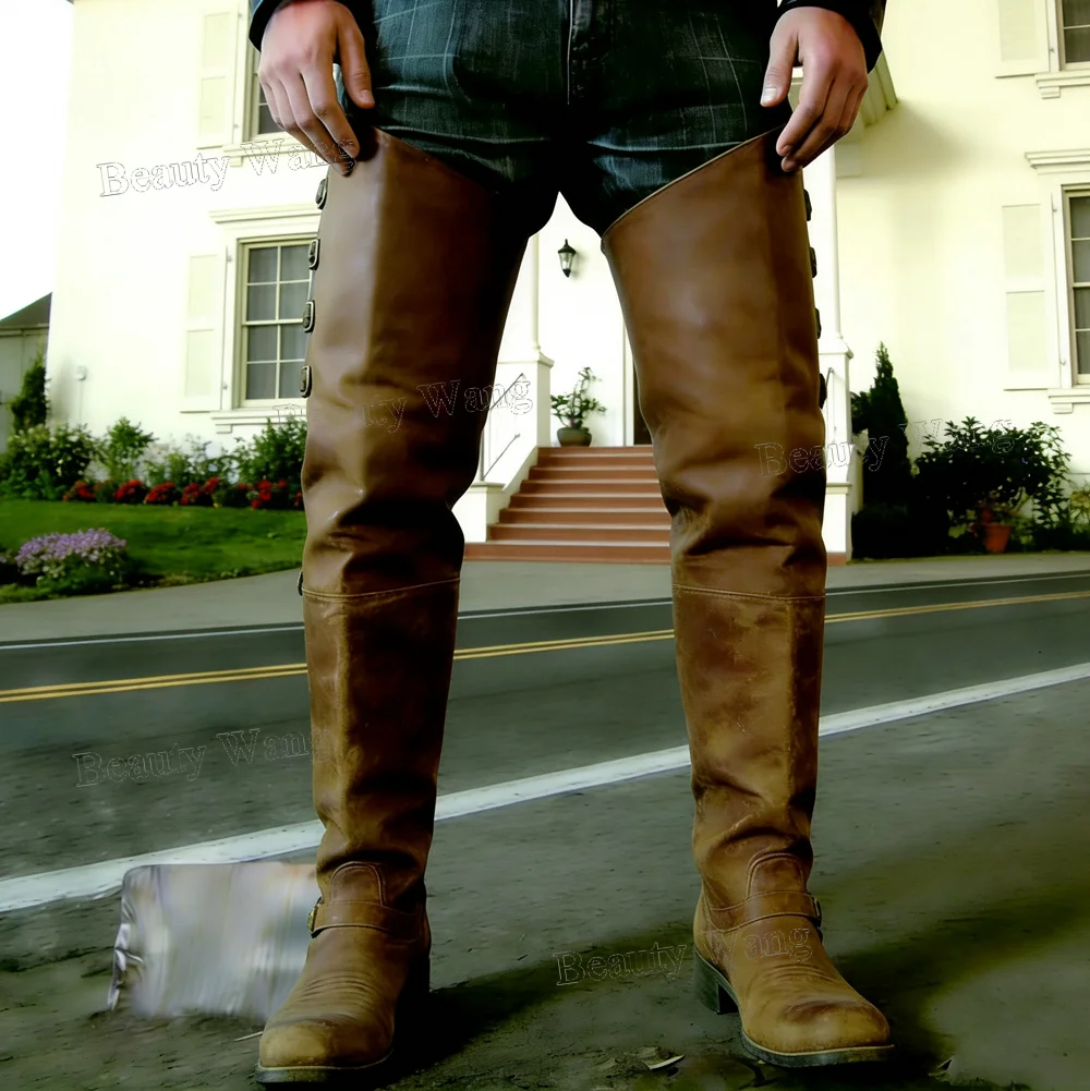 

Black Thigh High Men's Big Boots Pleated Men's Shoes Long Side Belt Round Toe Knee High Shoes for Men 2024 Zapatos Para Hombres