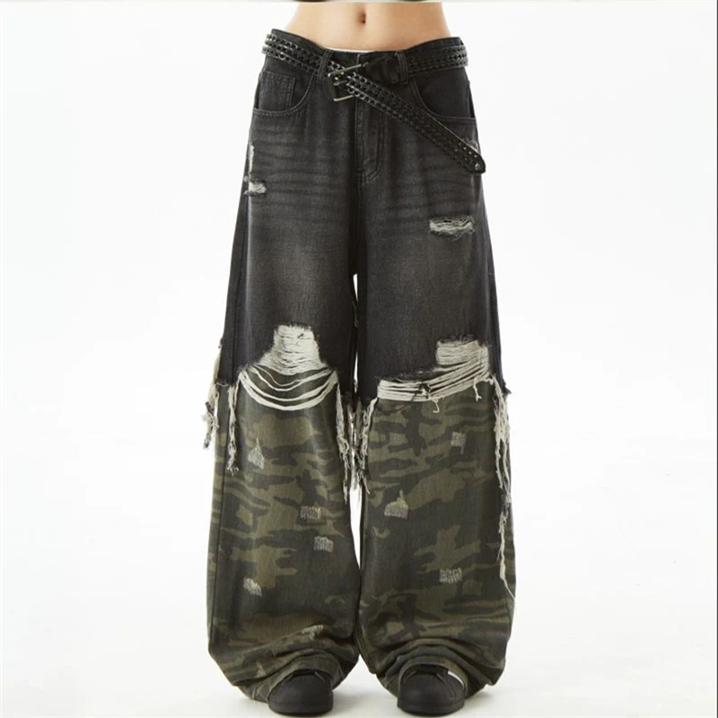 Women's Splicing Camouflage Design Neutral Denim Trousers Summer Cool Girl Pant Vintage Bottoms Female High Waist Wide-leg Jeans