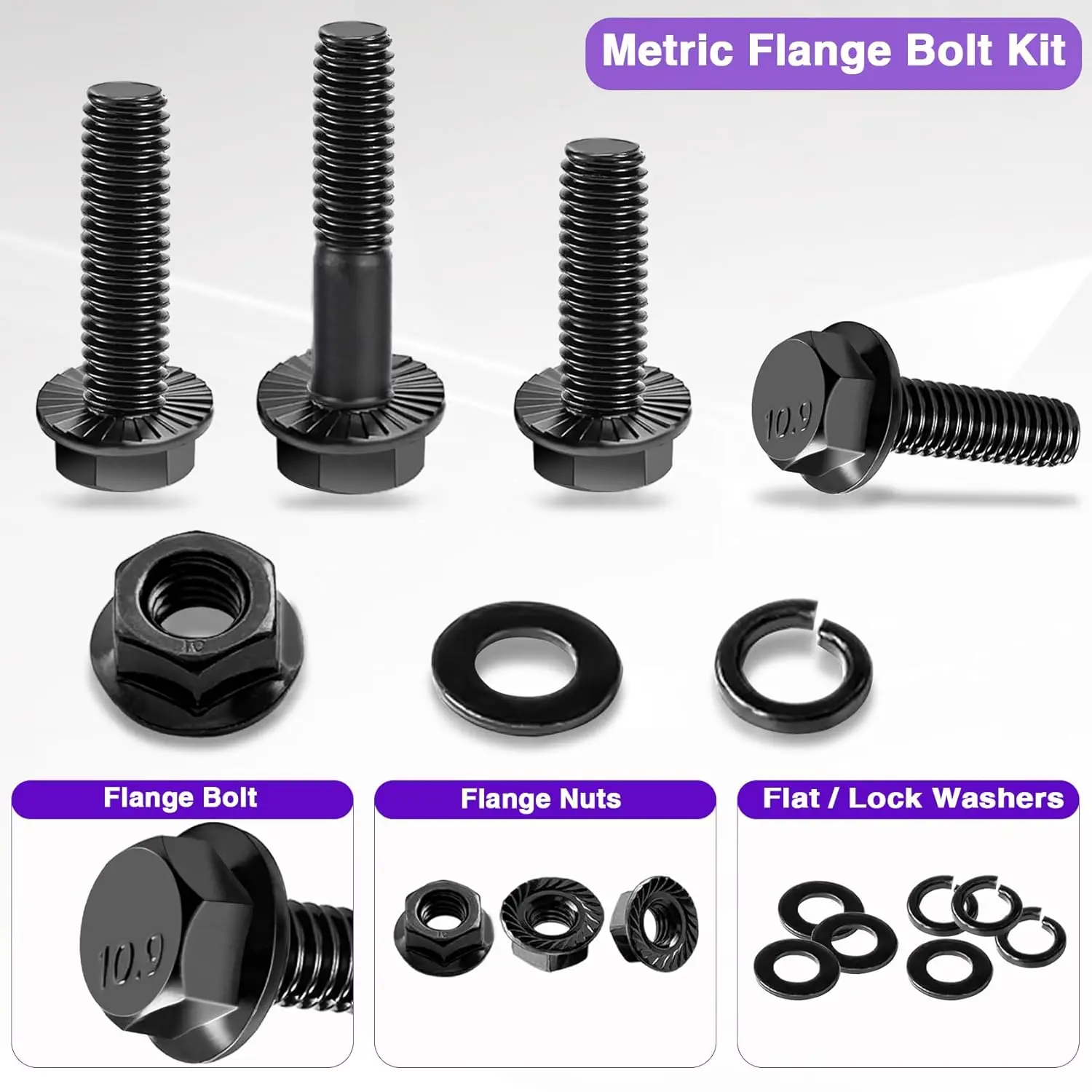 مجموعة متنوعة من مسامير شفة متري 400 قطعة، مسمار M6x1.0 درجة 10.9، مسمار M8x1.25، مسمار M10x1.5 (12 مم إلى 45 مم) لوح زنك أسود #5