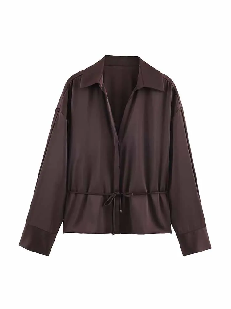 

HH Woman Summer Fashion Long Sleeves Lapel Lace Up Loose Silk Satin Texture Shirt Female Casual Versatile Street Style Tops