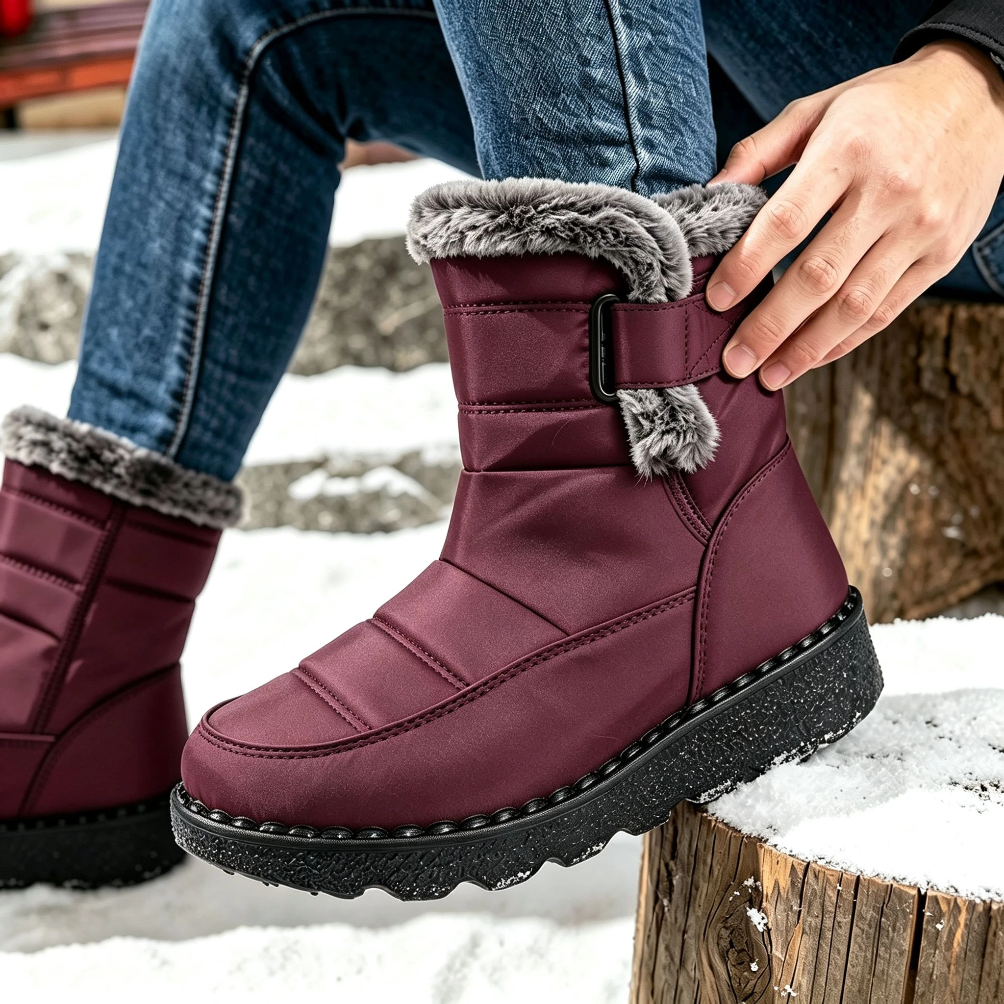 Damen Winter Pelzige Plateau-Schneestiefel 2026 Trend Wadenlange Winterstiefel Wasserdicht Rutschfest mit Schnalle Warm Flauschig Outdoor – Detail 7
