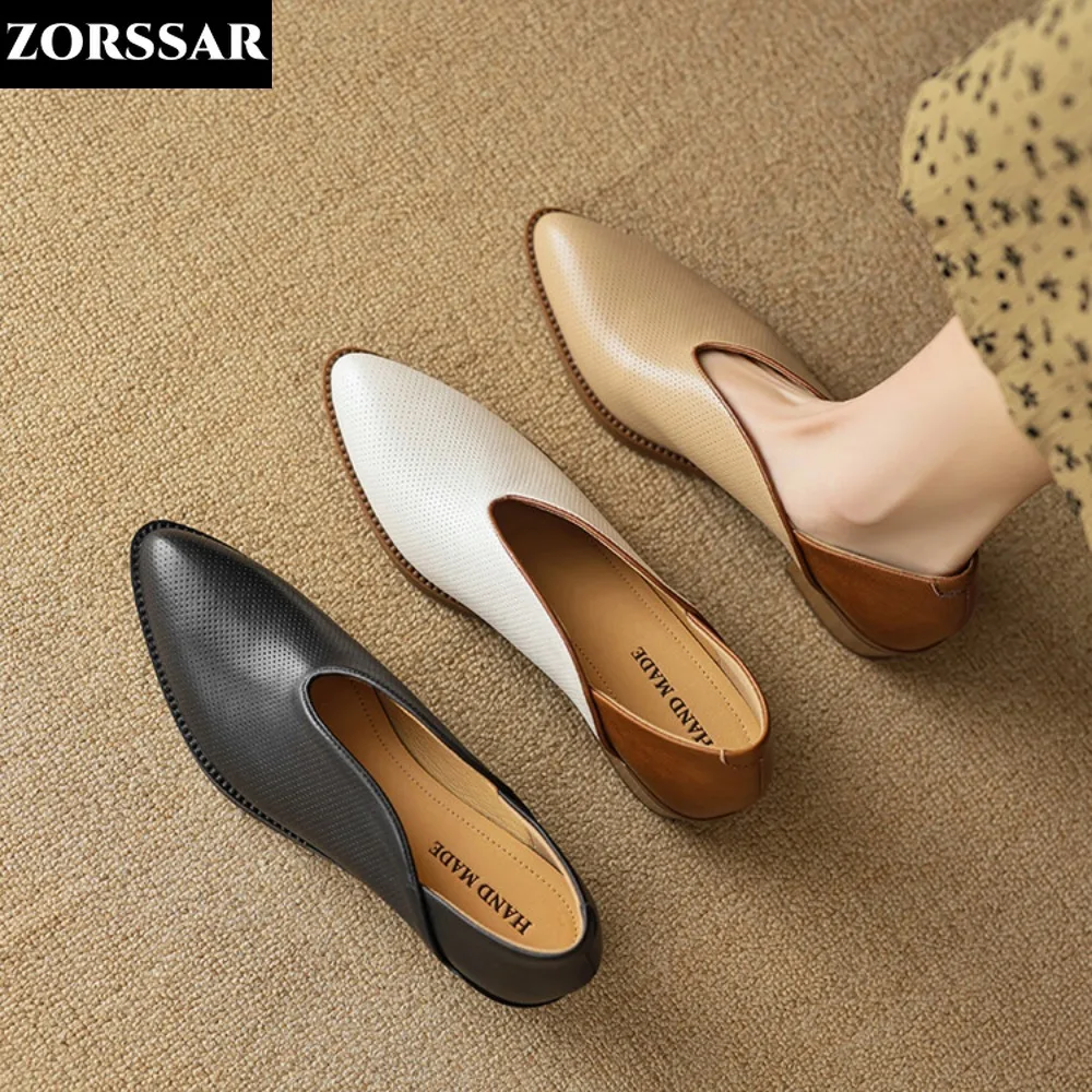 

2024 New Spring Women Flat Shoes Slip-on Pointed Toe Lady Loafers Genuine Leather Shallow Single Shoes Pregnant Woman Flats