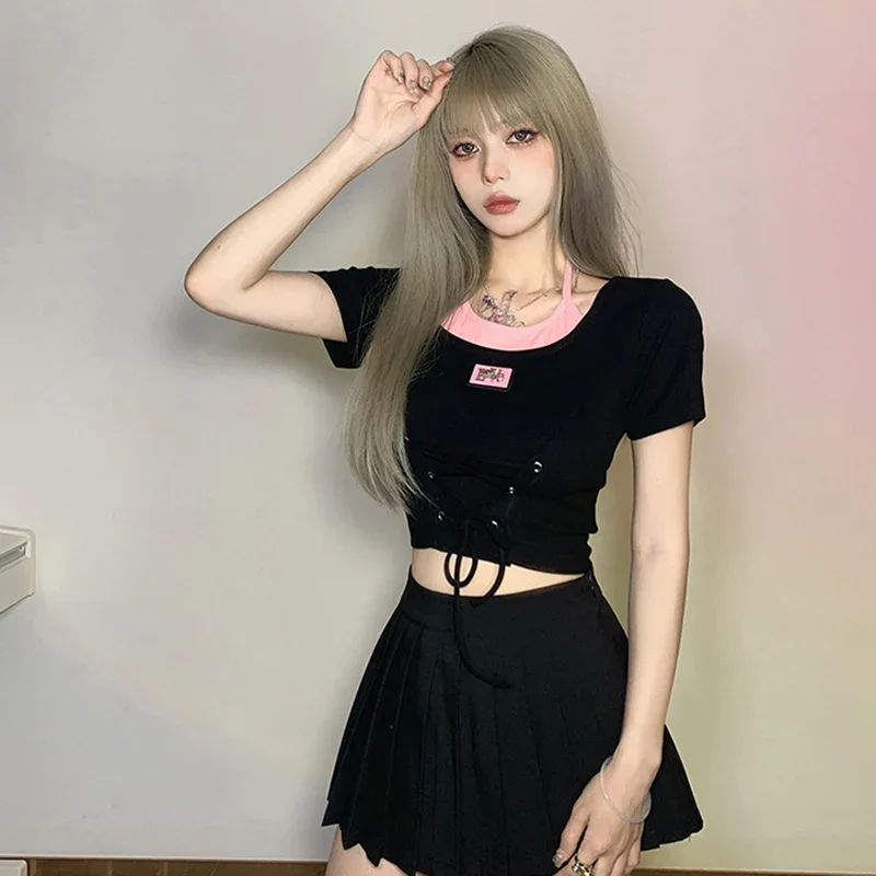 2024 Nuove Donne Sexy Halter Slip Crop Vestiti Della Signora Dolce Y2k T-shirt a maniche corte Femminile Tie Up Aderente Designer Estate Magliette e camicette