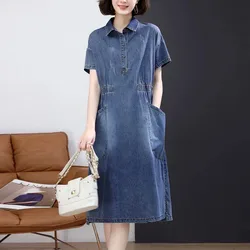 Plus Size Female Denim Dress Summer A Line Short Sleeve Casual Dresses Fashion Long Pullover Dresses Womens Office Clothing 3XL