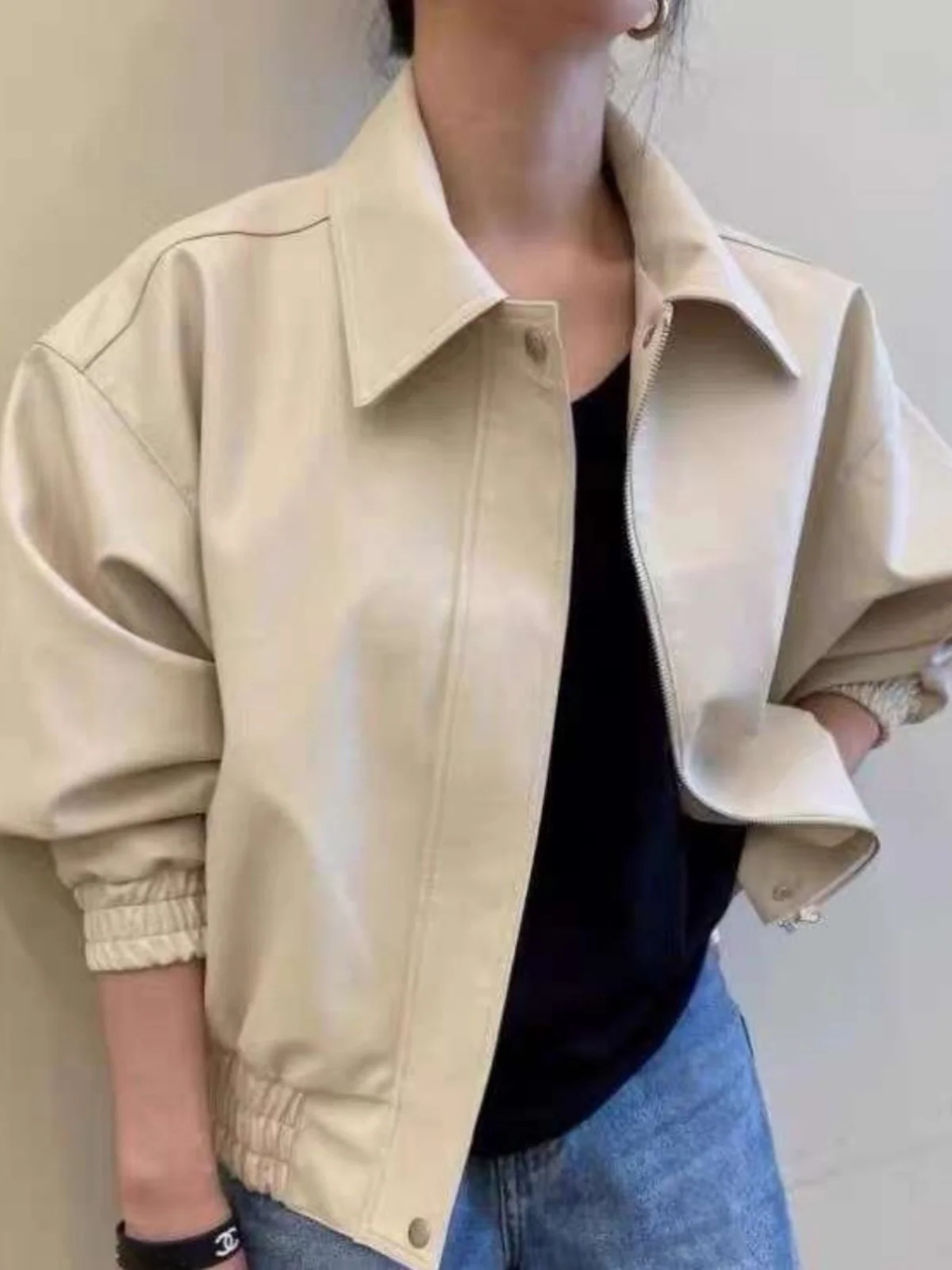 Faionable motocicleta sle couro jaet feminino primavera outono solto ajuste ort gola superior hong kong sle retro