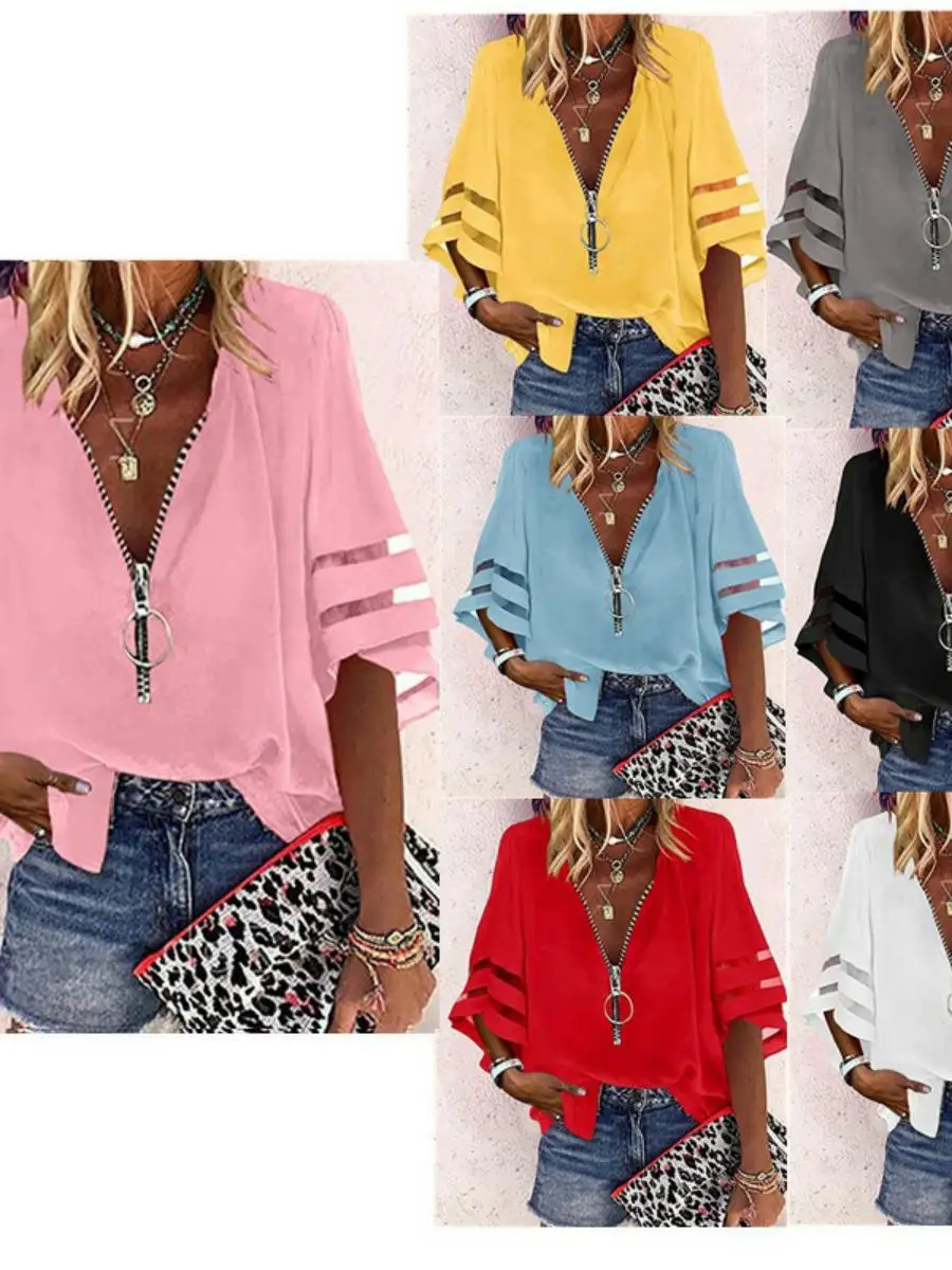 

Loose Women's Shirt 2025V Collar Zipper Half Flared Sleeve Mesh Patchwork Chiffon Style Summer Fashion Casual White Color