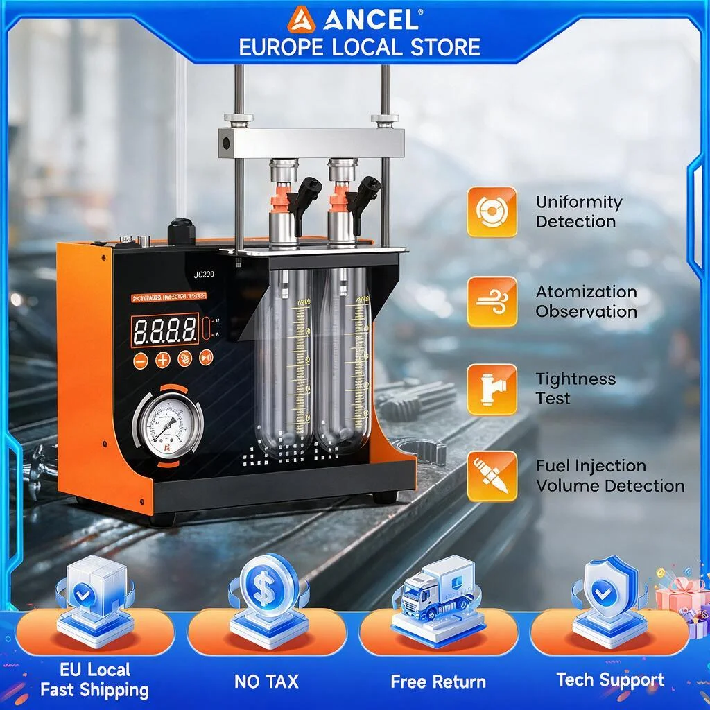 Ancel Jc200, machine de test d'injecteurs de carburant à 2 cylindres pour voitures et motos 12V, avec pompe à air intégrée, détecteur d'injecteurs, test d'homogénéité de l'atomisation, test d'étanchéité, outil d'atelier pour la réparation des buses de pulvérisation de carburant.