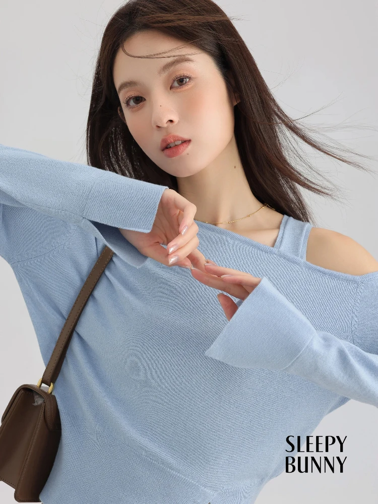 

Asymmetrical Shoulder Knit Top Women Chic Cutout Long Sleeve Pullover Elegant Slim Fit Stretch Sweater with Off Shoulder Design