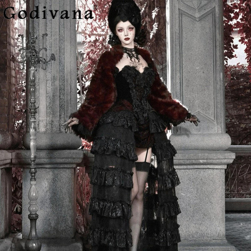 Mantella Gotica Rossa Romantica con Pelliccia, Cappotto Invernale Femminile in Stile Giapponese, Dolce Scialle Oversize a Maniche Lunghe per Donne