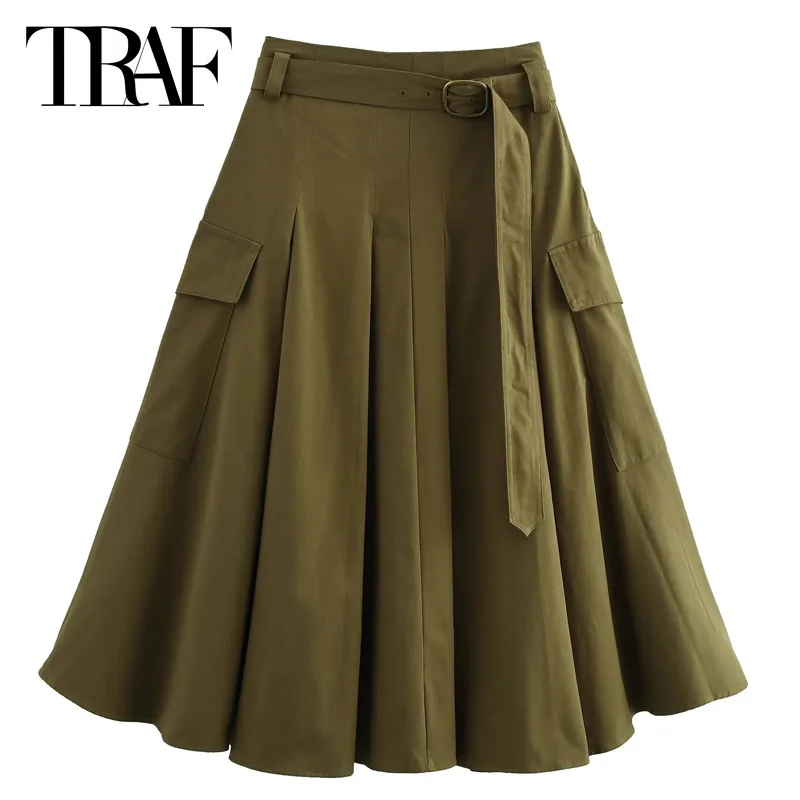 TRAF สีเขียว Cargo กระโปรงผู้หญิง 2024 กระโปรงสตรี Midi เอวสูงกระโปรงยาวผู้หญิงเกาหลีสไตล์กระโปรงแฟชั่นกระโปรง