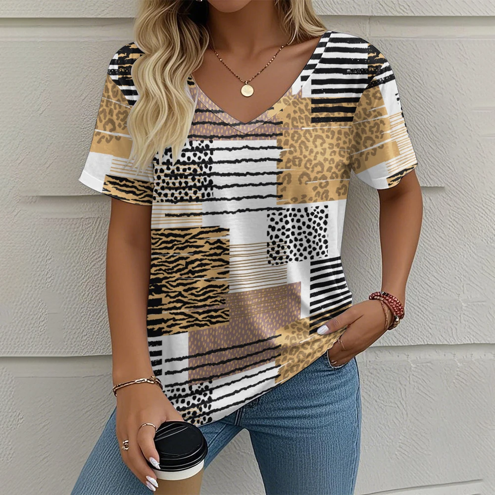 Summer retro women's T-shirt casual checkered pattern printed outdoor V-neck short sleeved top fashionable street men's T-shirt