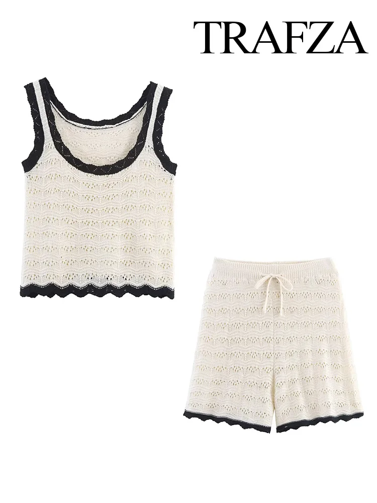 

TRAFZA Women Fashion Knitted Contrast Short Sleeveless Shorts Suit Round Collar Top+Elastic Waist Drawstring Summer Shorts