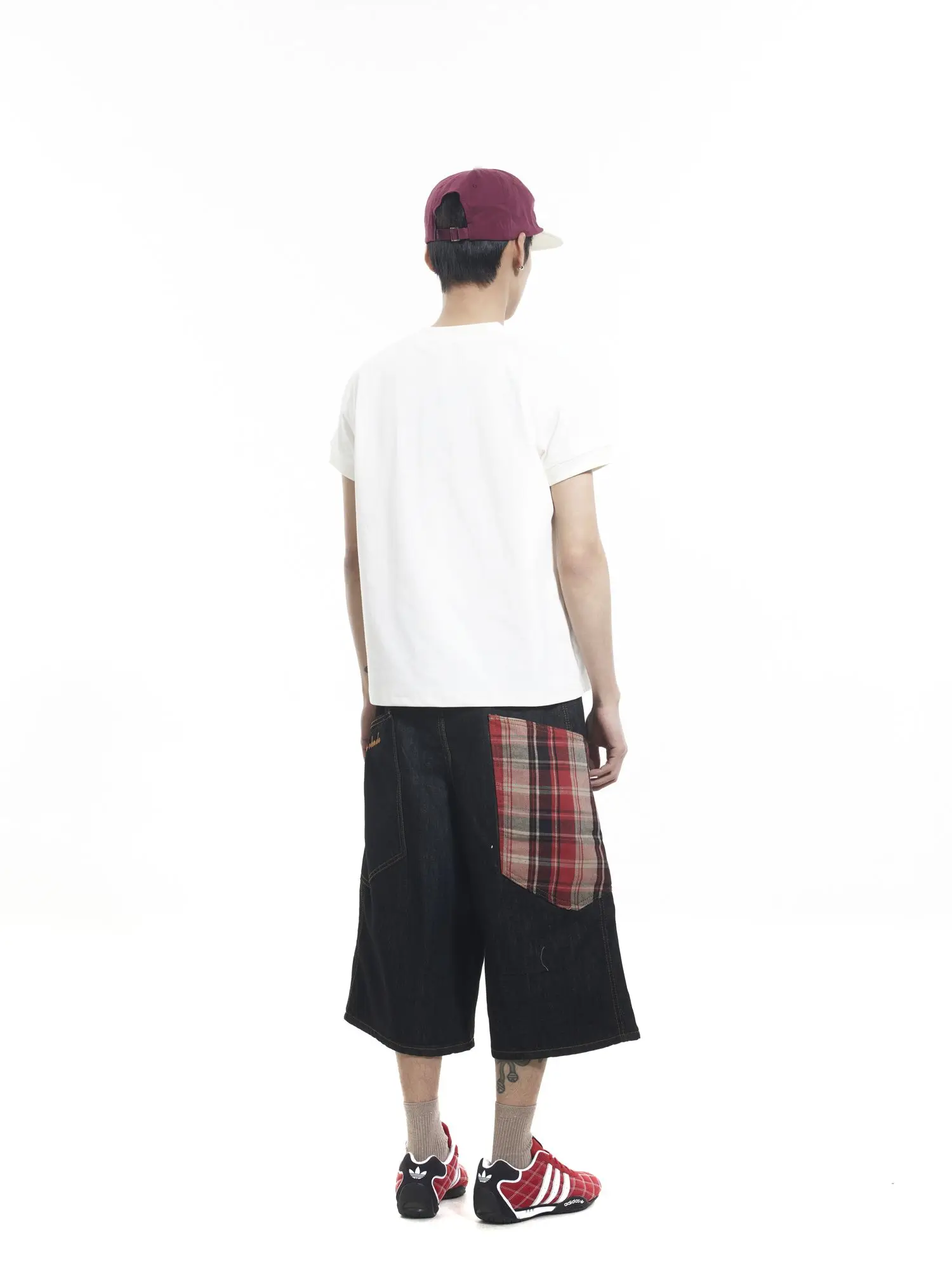 Men's Pocket Plaid Splicing Summer Shorts Vintage Wide Leg Cropped Pants Cool Boy Casual Bottom Male High Waist Half Trousers