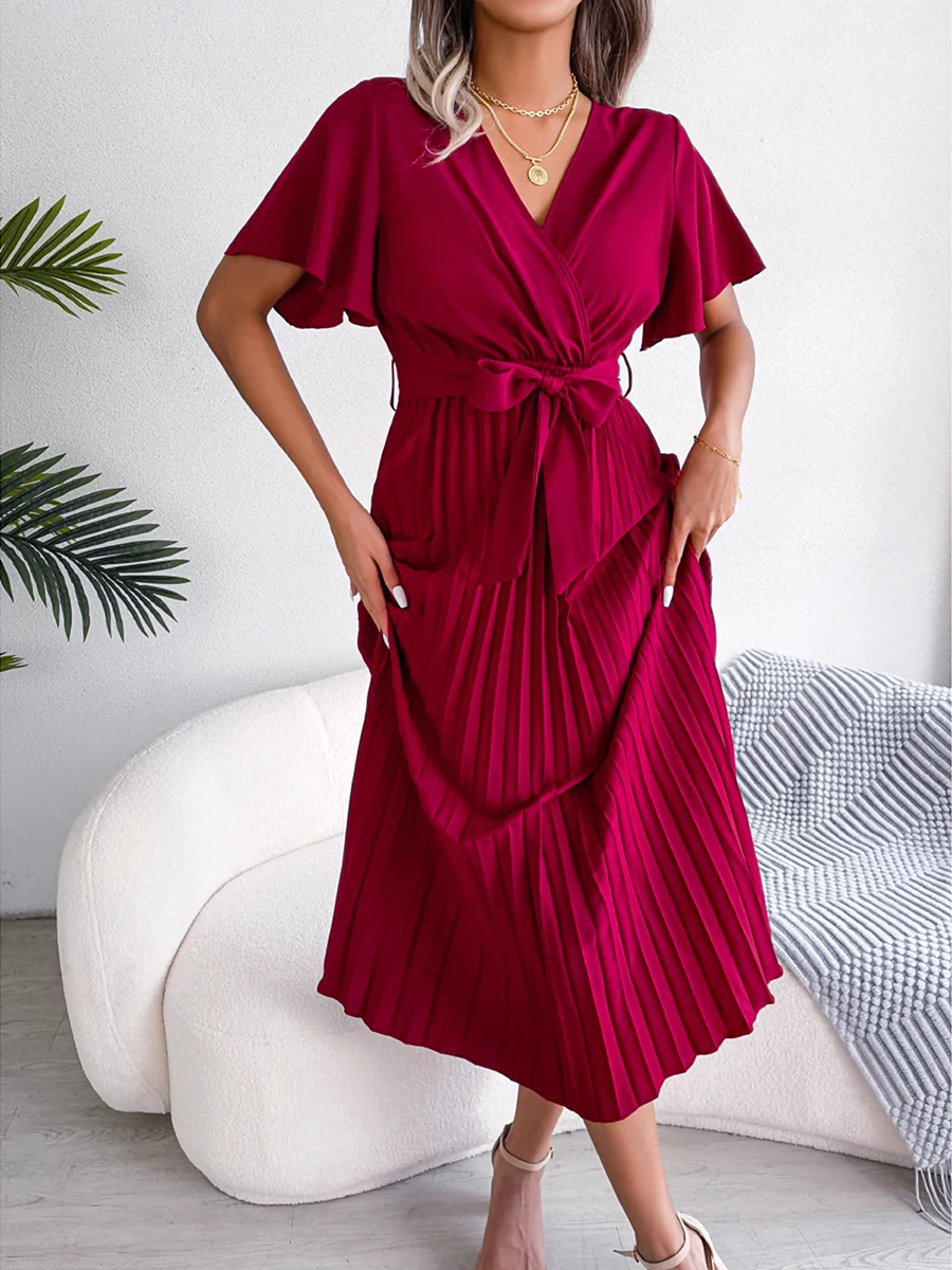 

Women Pleated Midi Long Dress V Neck Short Flounce Sleeve Pleated Dress Elegant Belted Big Hem Solid Color Midi Dress