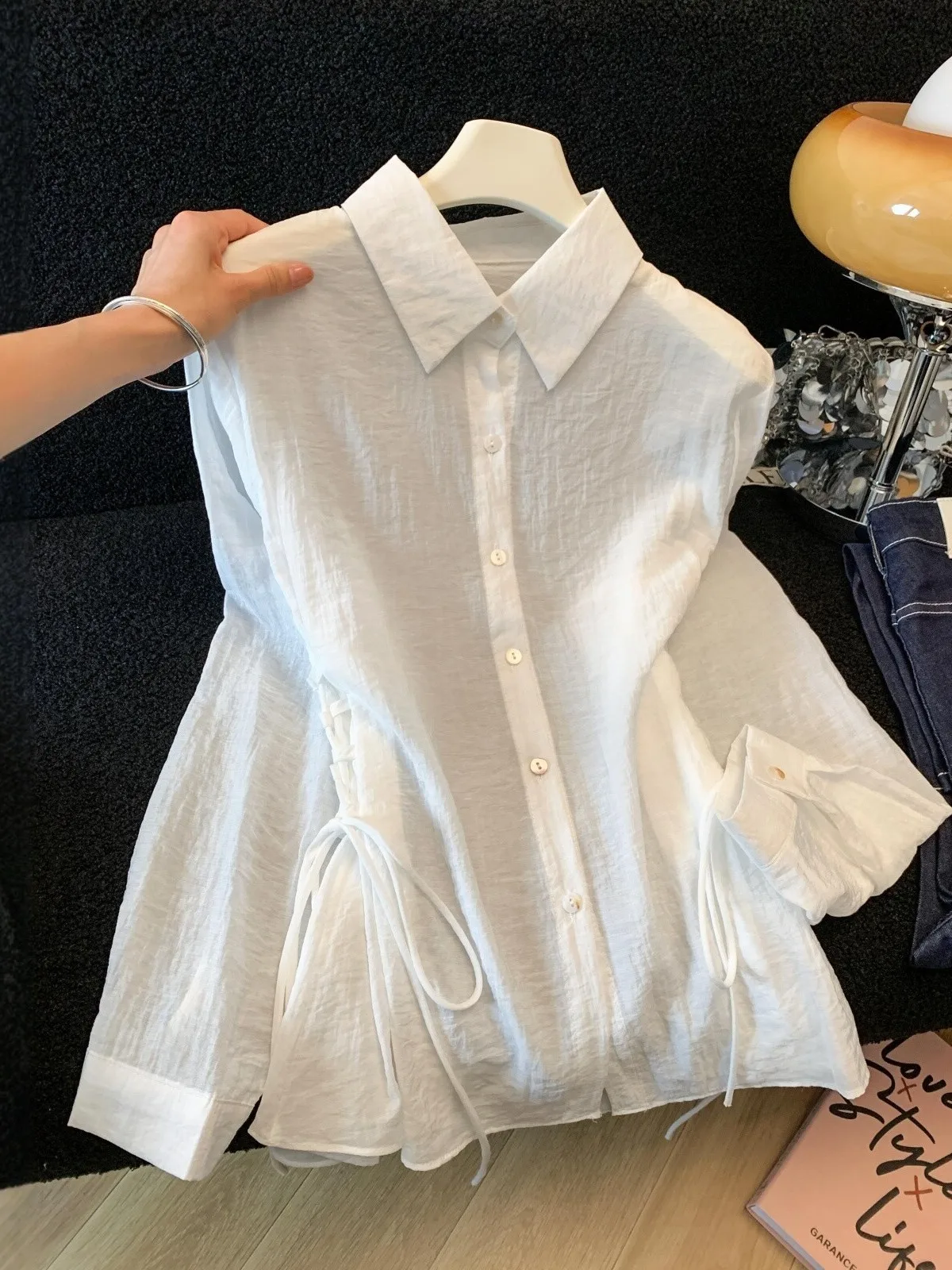 

White Silk Sun Protection Shirt Women's Summer Thin Outer Design Sense Belted Waist Slimming Open Cardigan Shirt Korean Style