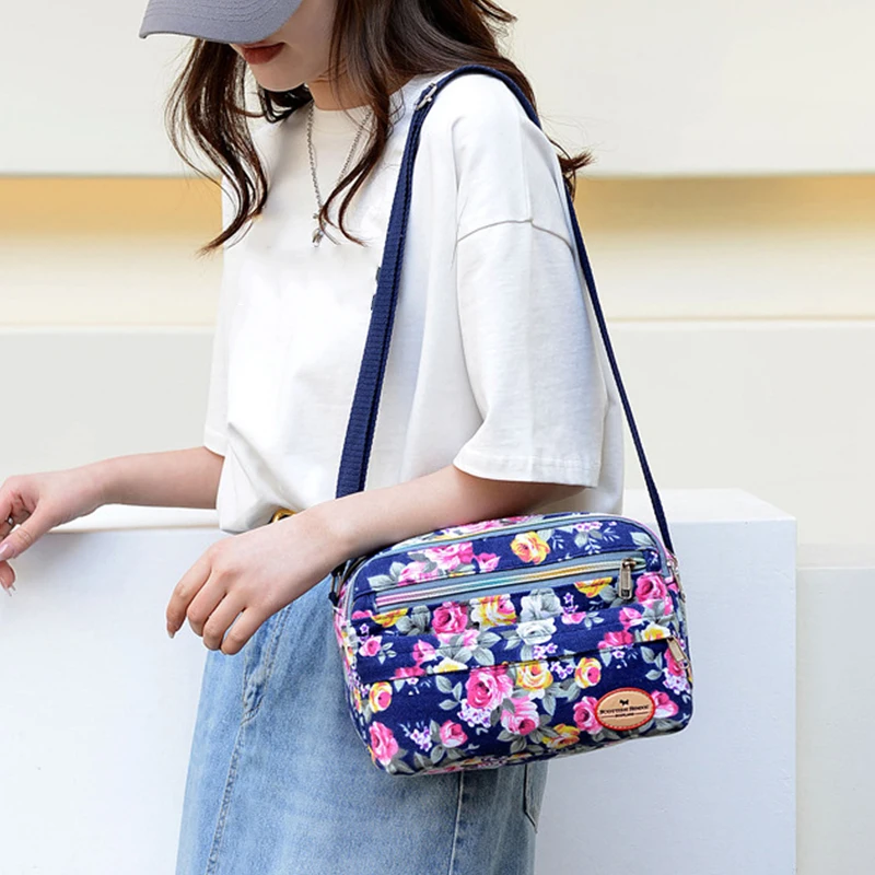 Casual Retro Nylon Shoulder Bag Multi Layered Floral Print Mother Handbag Women\'s Fashion Vintage Flower Crossbody Bags