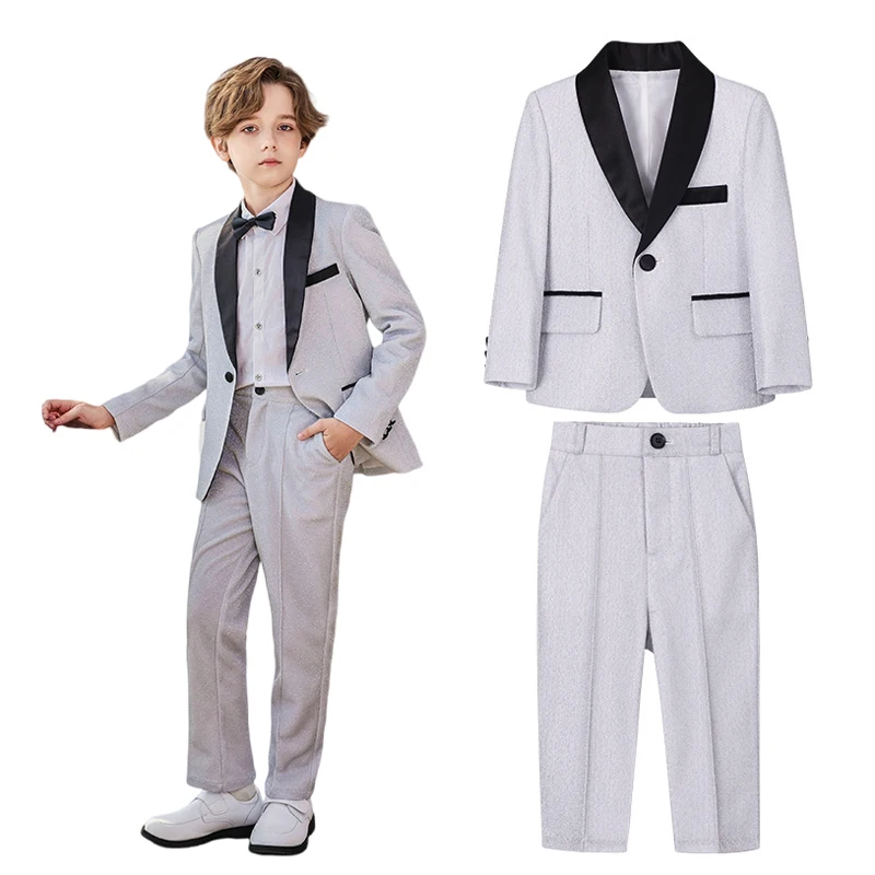 

Children Formal Beige Suit Set Boy Birthday Party Wedding Host Piano Performance Costume Kids Blazer Pants Bowtie Outfit