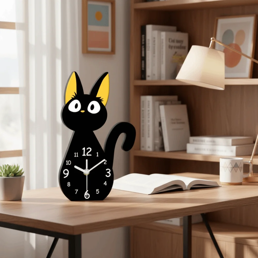 

Cute Cartoon Black Cats Desk Clock Decorative Modern Table Clock Acrylic Silent Decorative Clock Bedroom