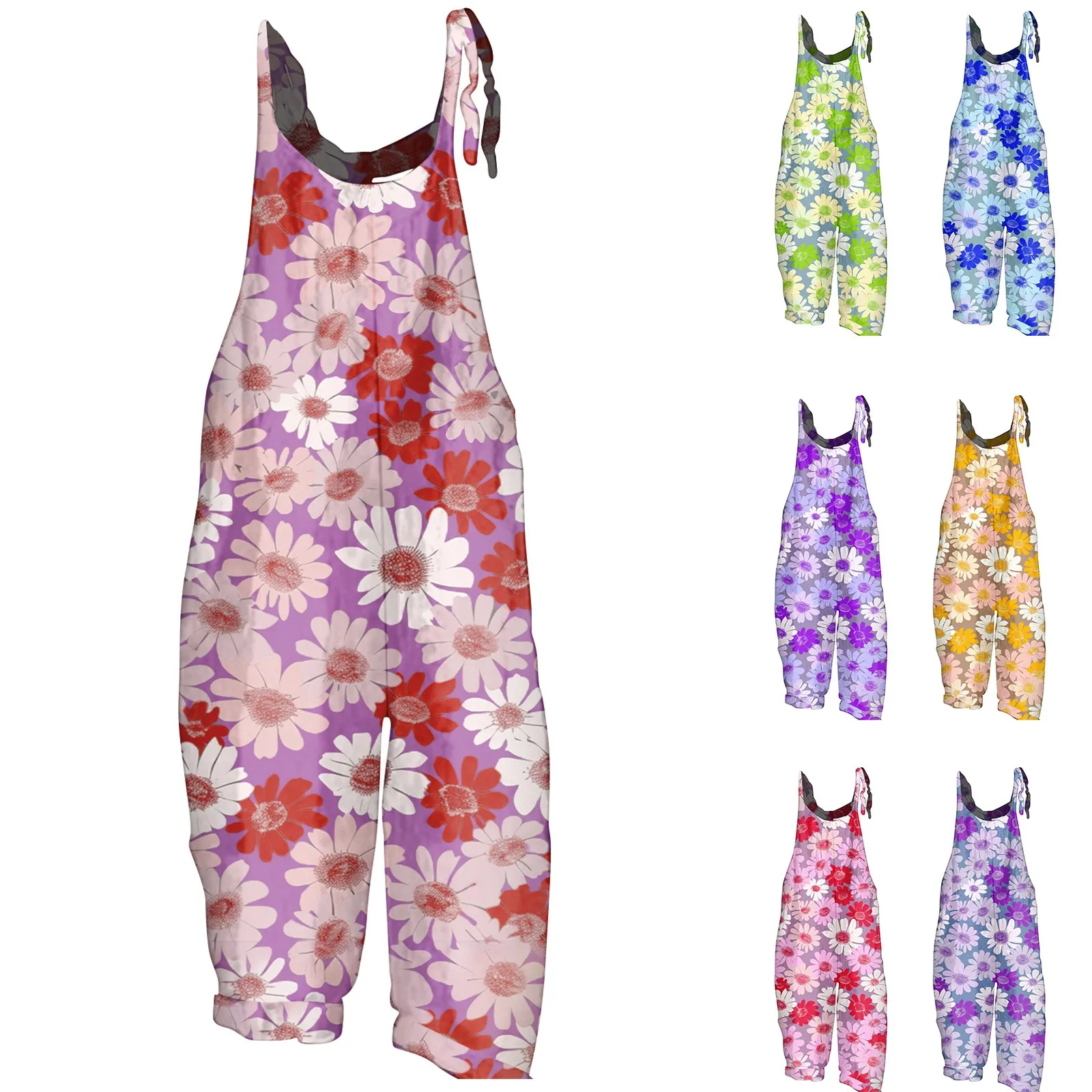 Women'S Strap Jumpsuits Trend Fashion Color Floral Printed Jumpsuits Daily Regular Casual Loose Vintage Wide Leg Jumpsuits