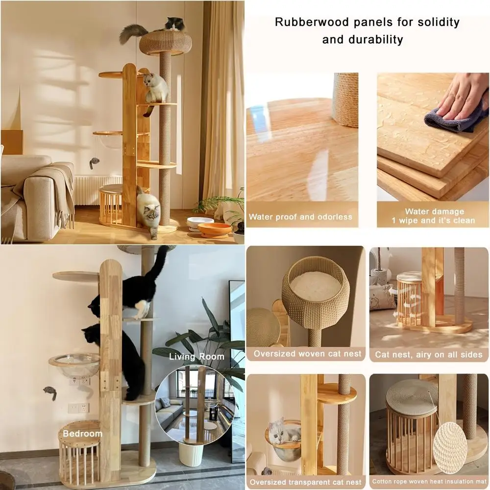 

Прочное кошачье дерево из каучукового дерева с доской для дайвинга из цельного дерева 74,8, утолщенная когтеточка для игр, шлифовки когтей и отдыха