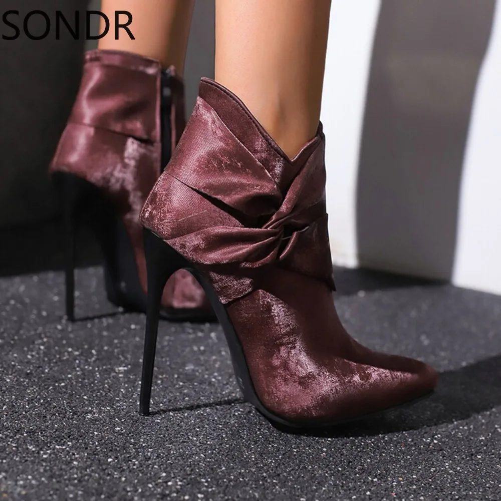 

Womens Pointed Toe Velvet Bow Ankle Boots Stilettos High Heel Sexy Shoes Plus Big Size 46 47 48 New Winter