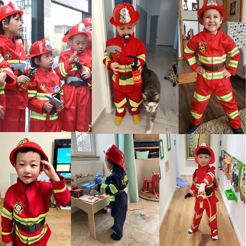 Halloween Cosplay Kids Firefighter Uniform Children Sam Fireman Role Work Clothing Suit Boy Girl Performance Party Costumes