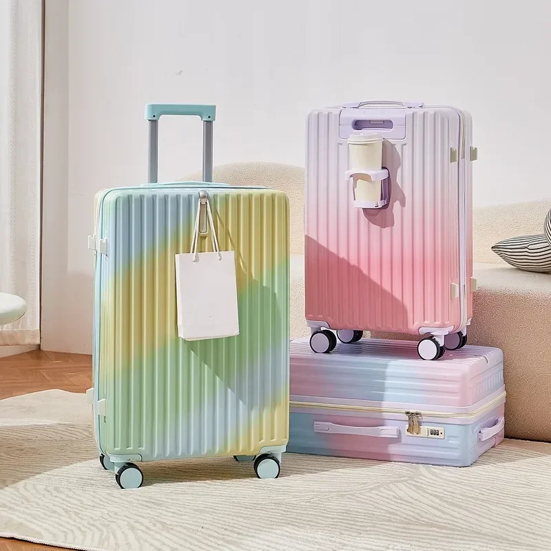 Gradient Color Suitcase with USB Charging Port,Cup Holder & Phone Stand - Durable ABS+PC Shell,Telescopic Handle,Rotating Wheels