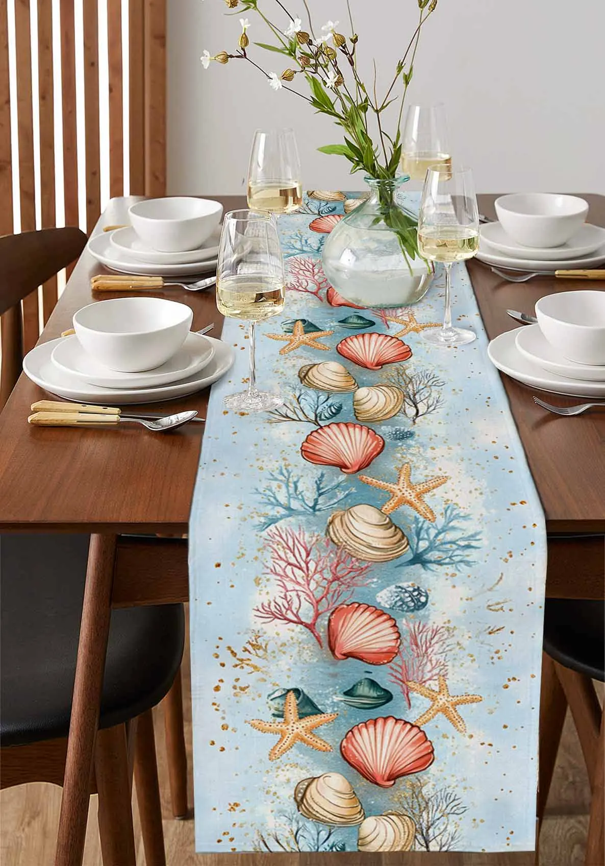 

Summer Shell Red Blue Coral Table Runner Wedding Decor Table Runner Holiday Dining Table Decor Linen Tablecloth