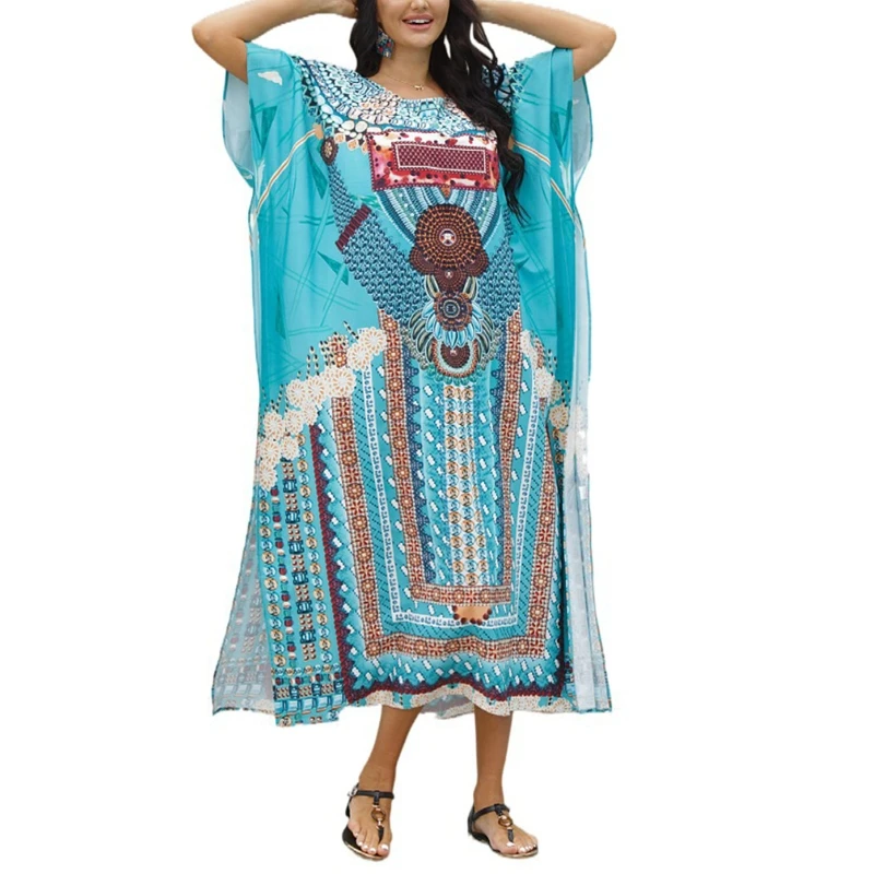 Elegante tamanho caftan praia para para proteção maiô feminino estampado vestido solto para verão parque aquático