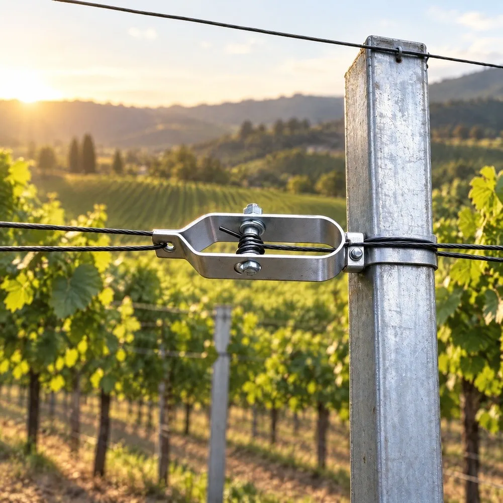 Tensioner for Grape Trellis Designed for Integration with Common Greenhouse Post Types and Wire Anchoring Points