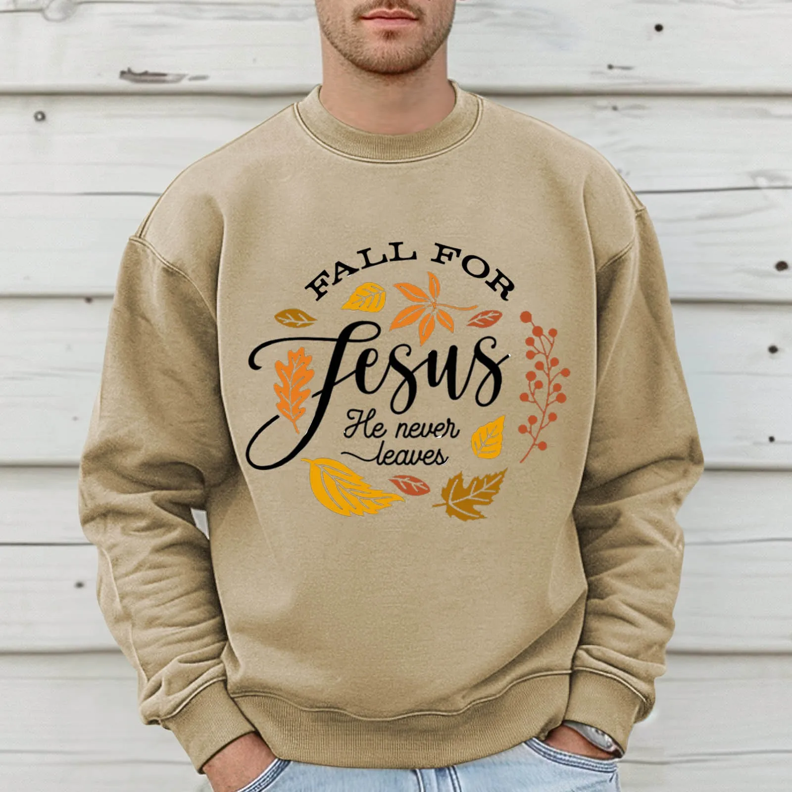 Unisex Fall for Jesus He Never Leaves Sweathirts Retro Jesus Shirt Aesthetic Christian Tops Bible Verse Hoodies Fall Sweatshirt