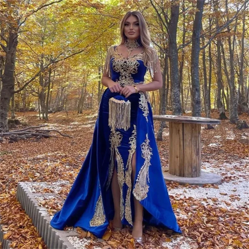 Dubai Velvet High Split Caftan Prom Gowns Kaftan Mermaid Embroidery Party Dress Karakou Algerien Arabic Evening Dresses